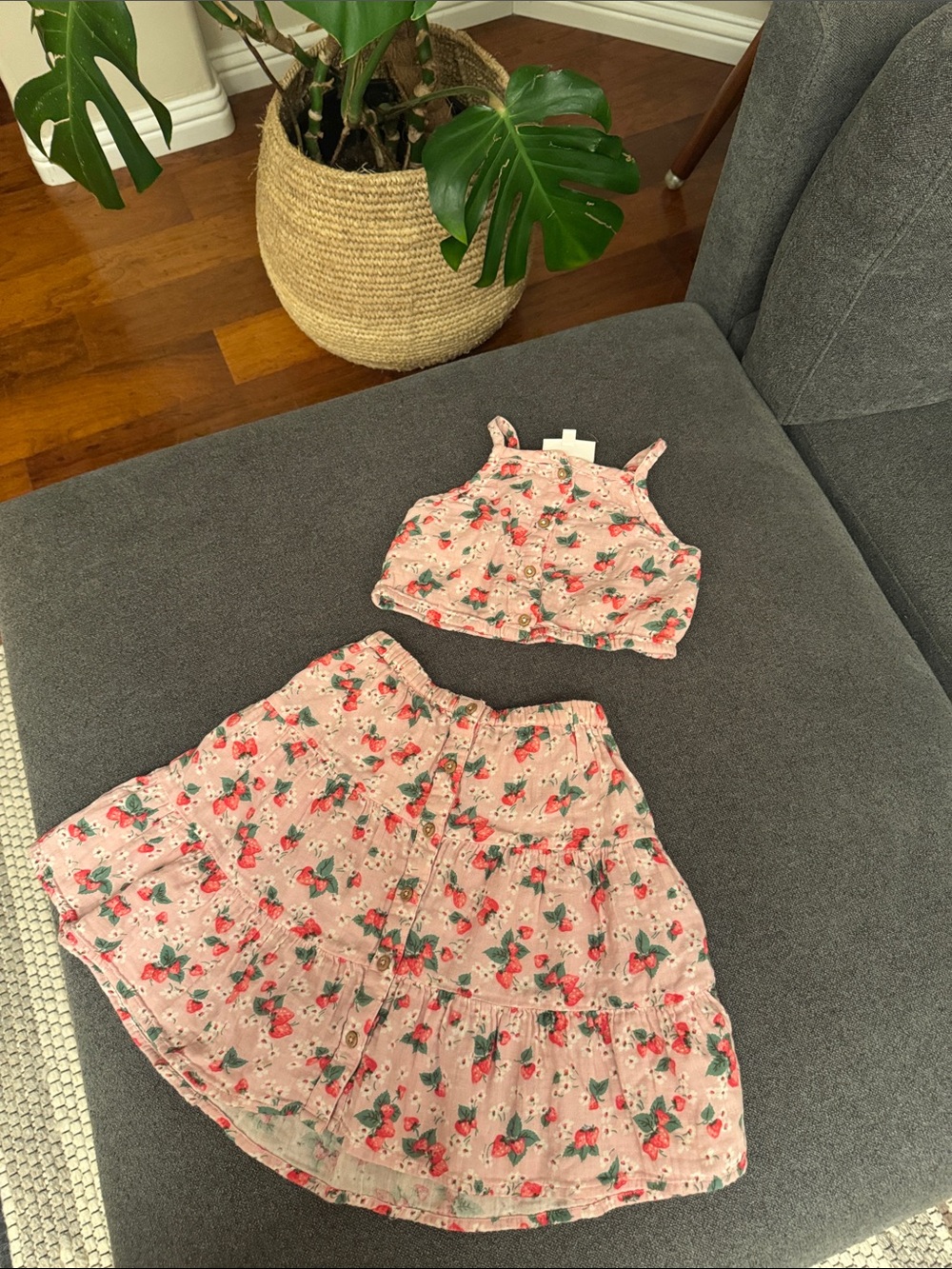 Mini Boden Pink Strawberry Two-Piece Crop Top & Ruffled Skirt Set4-5Y
